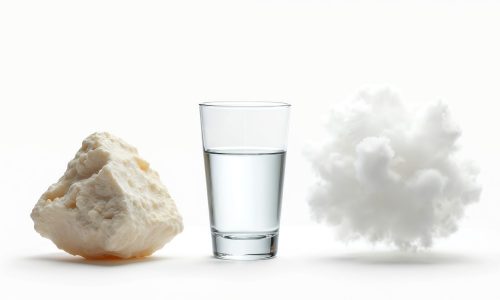 Solid, liquid, gas on white background shows states of matter. Glass water cup, stone, fume cloud represent science, chemistry states, phases. Study substance properties, transformation. Solid, liquid, gas on white background shows states of matter. Glass water cup, stone, fume cloud represent science, chemistry states, phases. Study substance properties transformation.