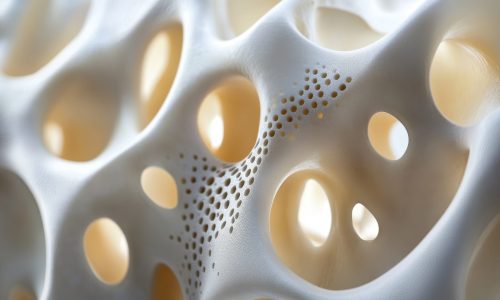 A detailed closeup view of the crosssectional structure of a synthetic bone graft emphasizing the intricate lattice design aimed at mimicking natural bone properties with a focus o A detailed closeup view of the crosssectional structure of a synthetic bone graft emphasizing the intricate lattice design aimed at mimicking natural bone properties with a focus on